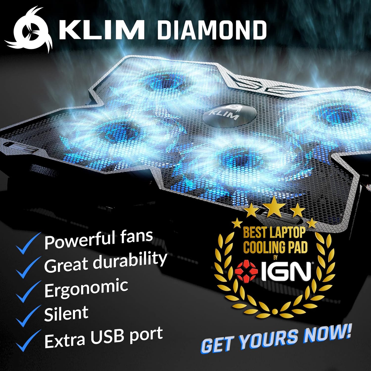 KLIM Wind Laptop Cooling Pad - More than 500 000 units sold - New Version 2024 - The Most Powerful Rapid Action Cooling Fan - Laptop Stand with 4 Cooling Fans at 1200 RPM - USB Fan - PS5 PS4 - Cyan