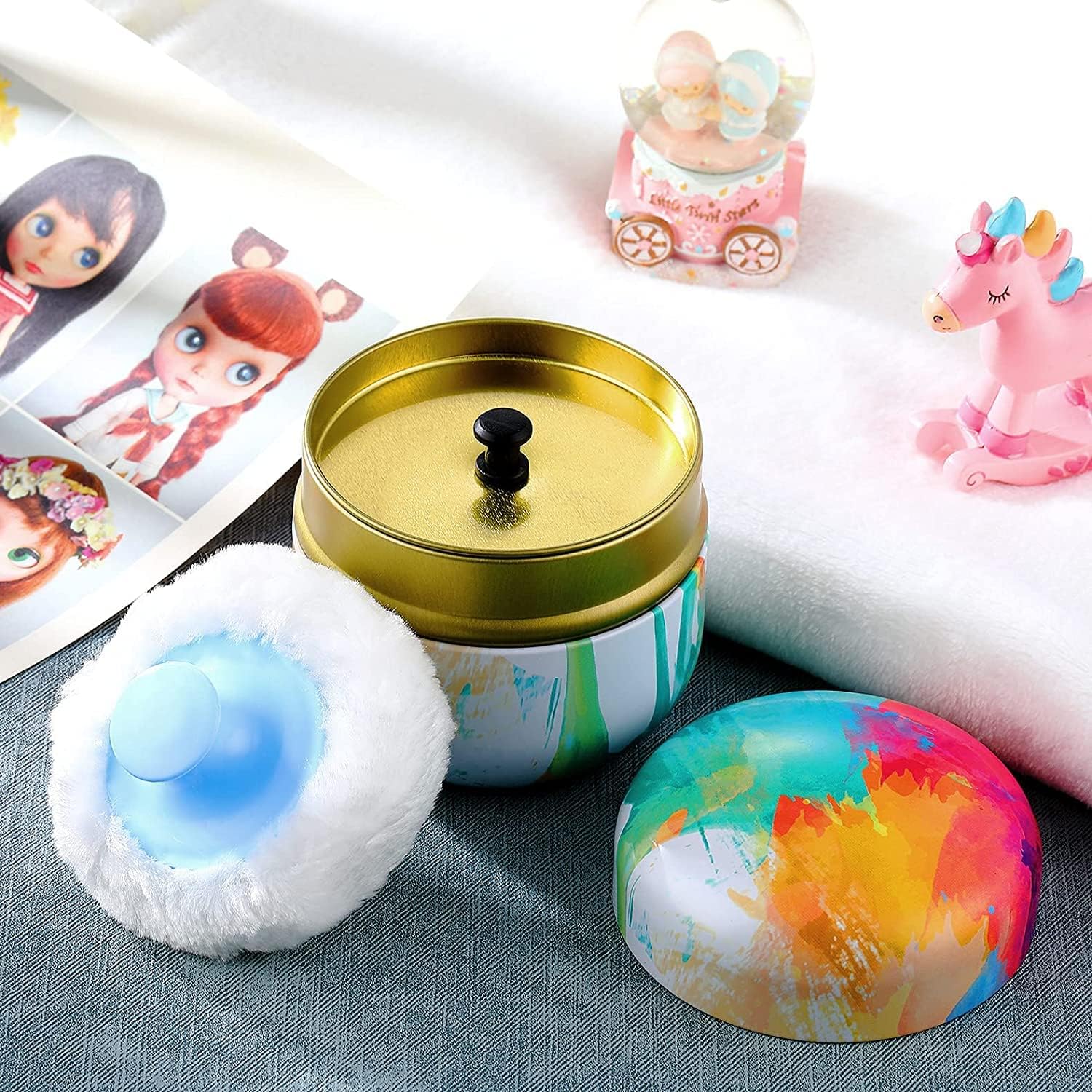 Body Powder Powder Case with Powder Puff Powder Container Tea Canister for Baby and Adult Body Talcum Powder Tea Box (Colorful Flower)