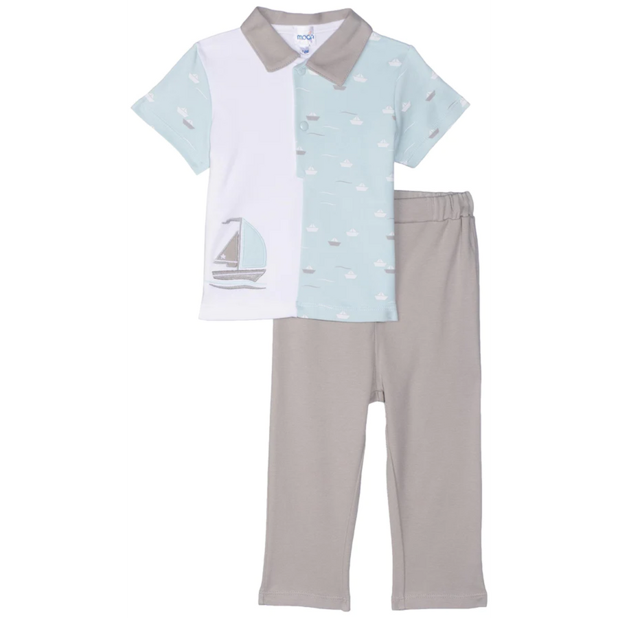 MOON 100% Cotton Polo T-Shirt and Long Pant 9-12M Teal - Little Boat