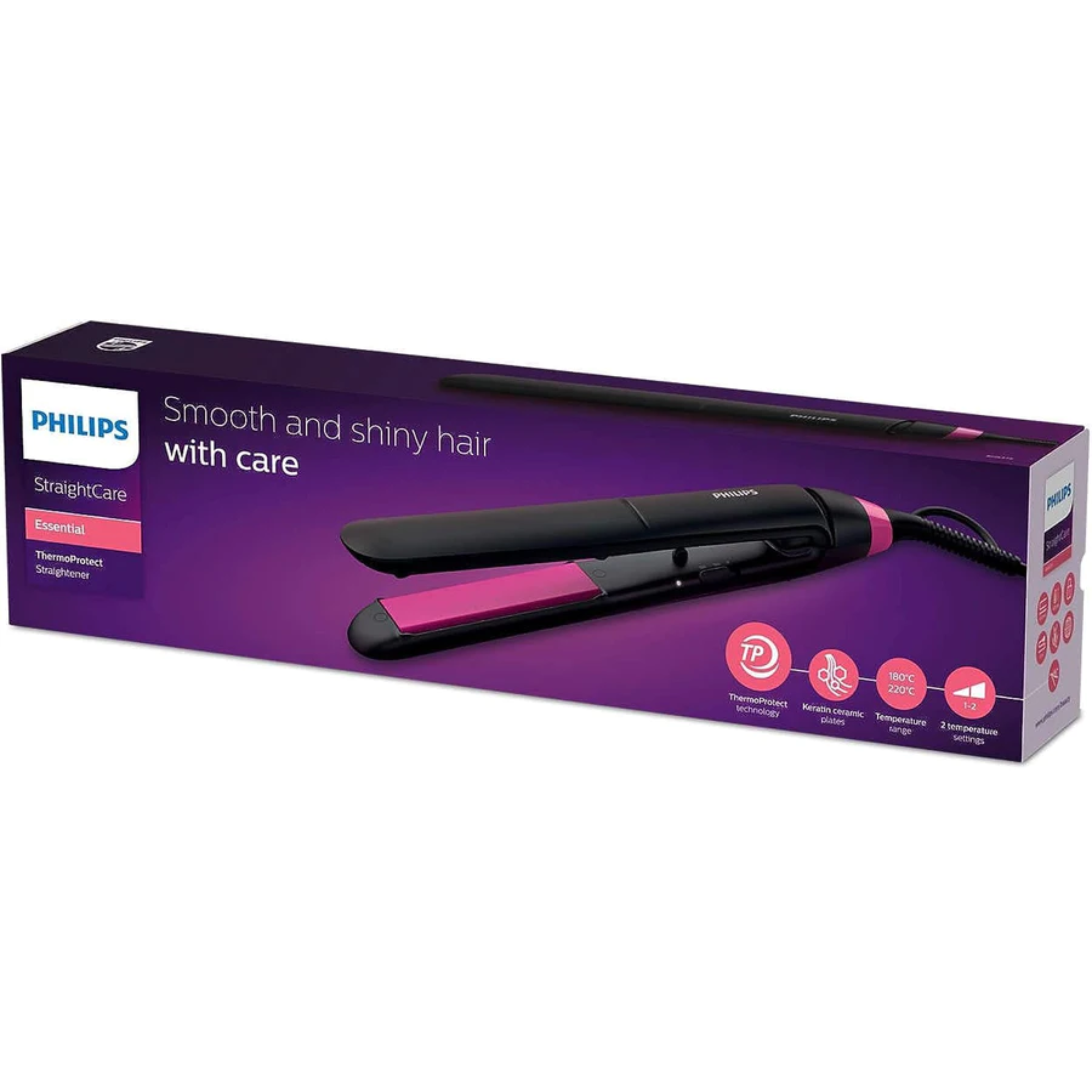 Philips Straightcare Essential Thermoprotect Straightener. 2 Temperature Settings. Temperature Range Up To 220°C. 3 Pin, Warm Black.Pink , Bhs375/03