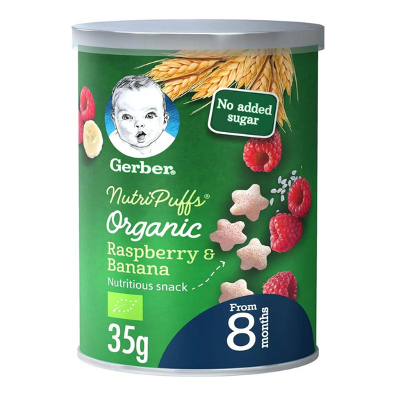 Gerber Organic Nutripuffs Raspberry & Banana, Baby Food, Tin, 35g