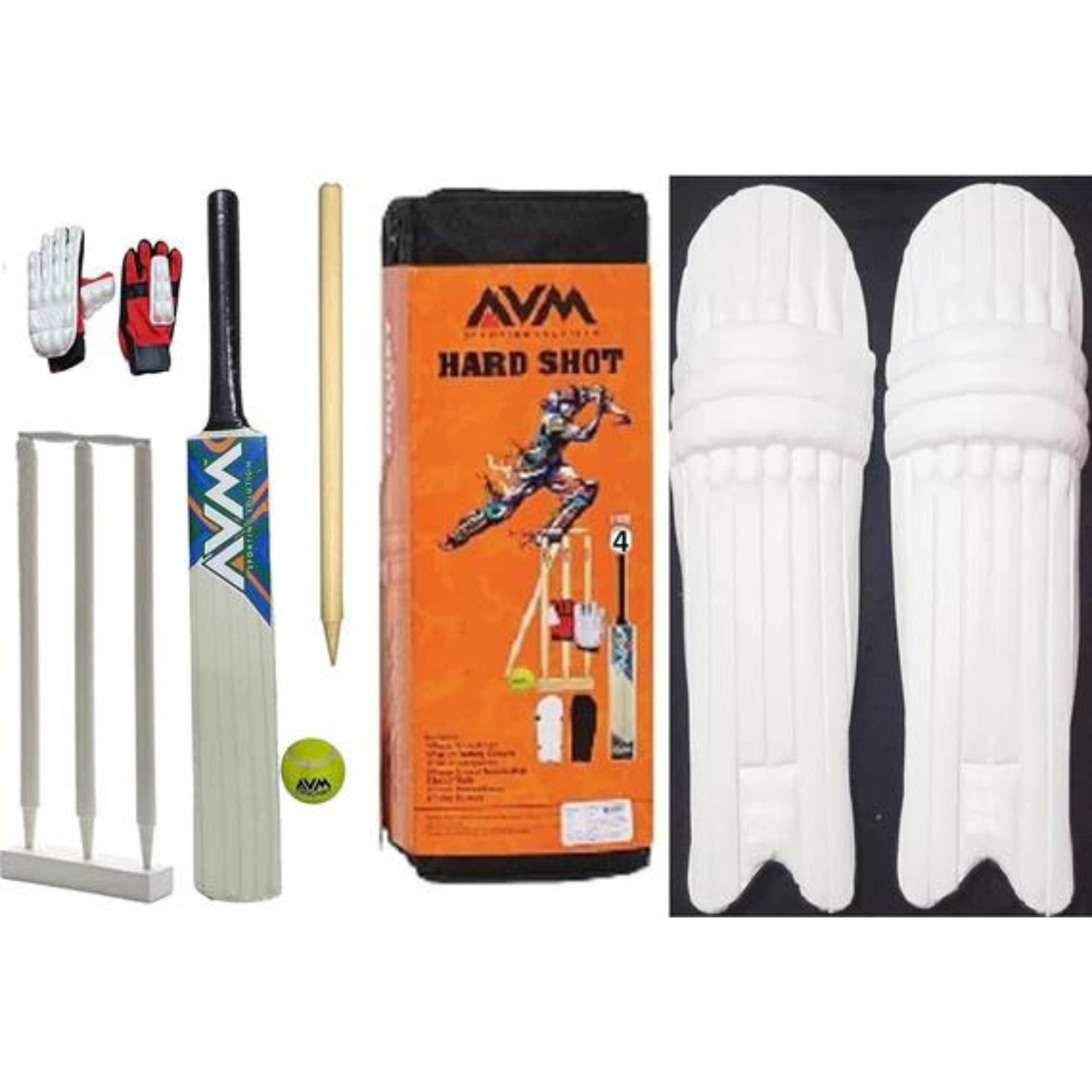 Fratelli AVM Practice Cricket Kit with 4 Wooden Wicket with Stand, Cricket Bat + Leg Guard + Batting Gloves + Kitbag + Gloves + bails + Tennis Ball – Size 4