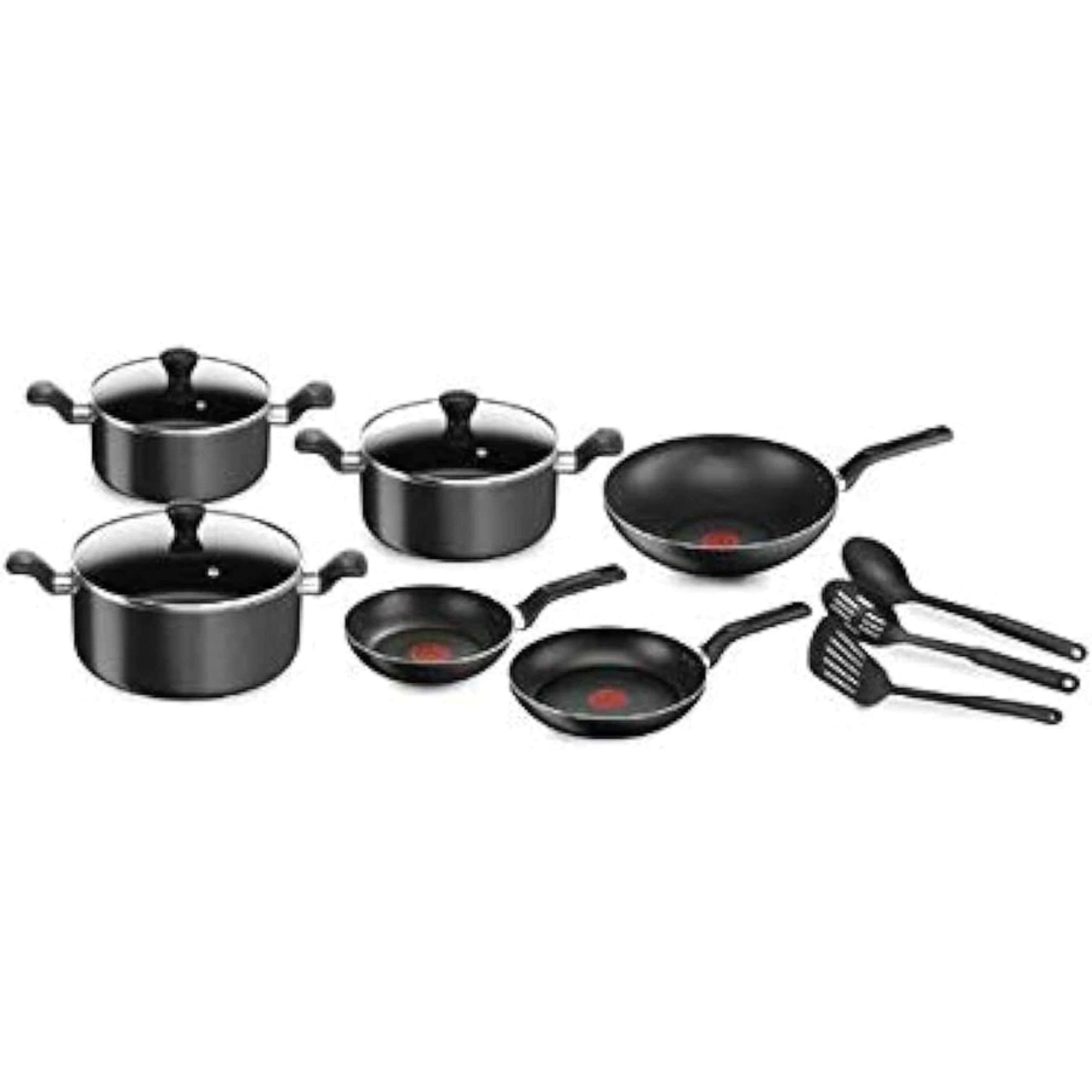 Tefal Cookware Set of 12 Pieces - Non-Stick with Thermo Signal - Black - Super Cook B143SC86 Frypan: 22 & 24 cm Wokpan: 28 cm Stewpots: 22, 24 & 28 cm