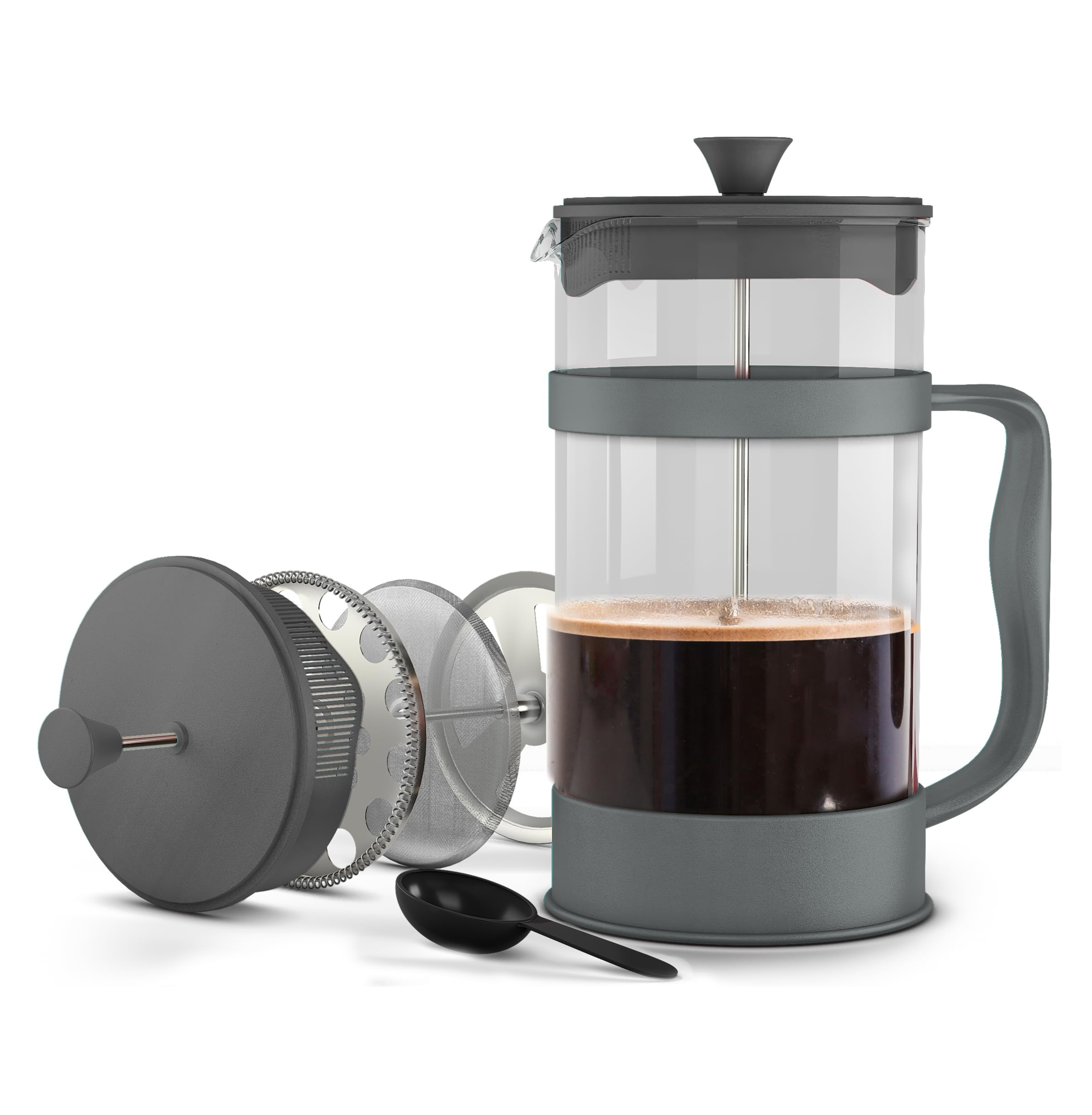 Utopia Kitchen - French Press Espresso - Tea and coffee Maker with Triple Filters 12 Ounce, 12 milliliters Stainless Steel Plunger and Heat Resistant Borosilicate Glass - Grey