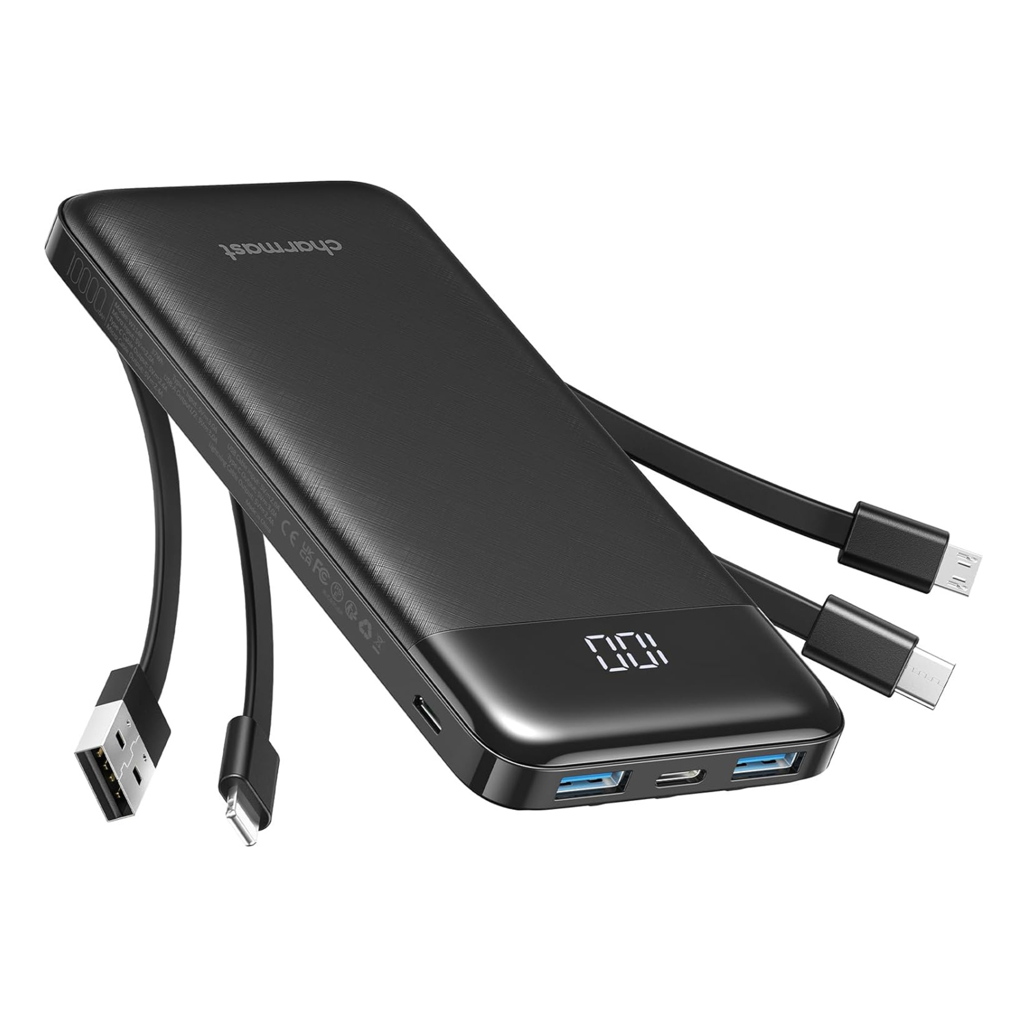 Charmast Power Bank with Built in Cable, 10000mAh USB C Battery pack 6 Outputs 2 Inputs with LED Display Type C Powerbank Portable Charger Compatible with Smartphones Tablets and More