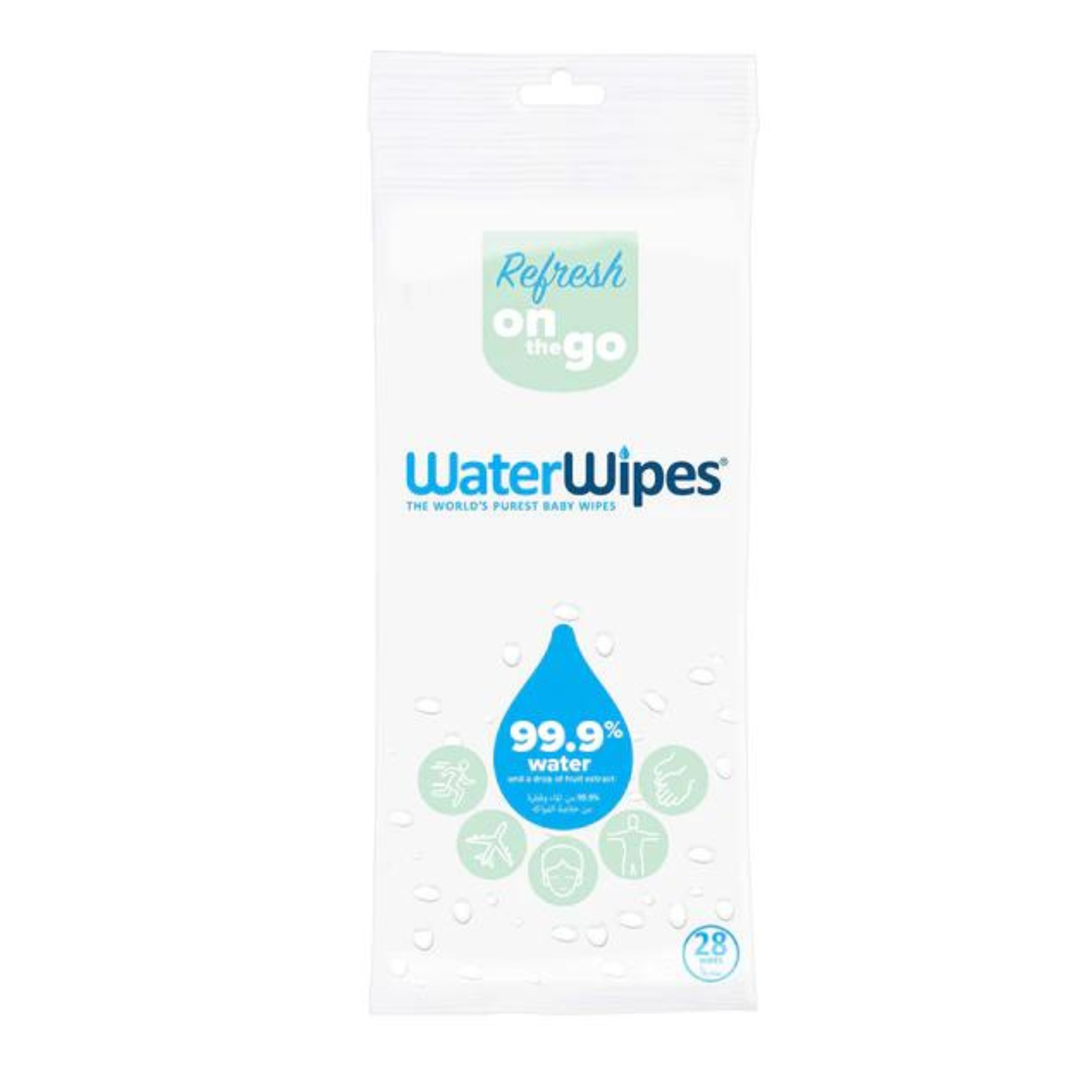 WaterWipes Refresh Body Wipes, 99.9% Water Based Wet Wipes, Non Sticky, Unscented, No-Rinse, Sensitive Skin, 28 Count (1 pack of 28 wipes)