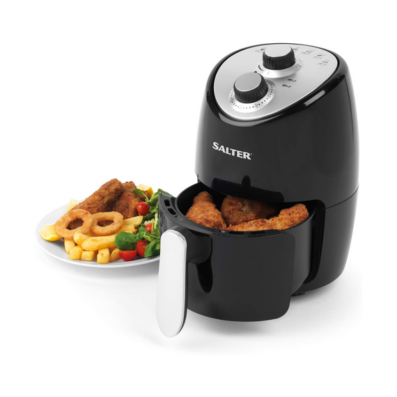 Salter EK2817 2L Compact Air Fryer - Hot Air Circulation, Removable Non-Stick Cooking Rack, Adjustable Temperature Up To 200°C, 30 Minute Timer, 1000W, Small Household Air Fry Oven, Black/Silver