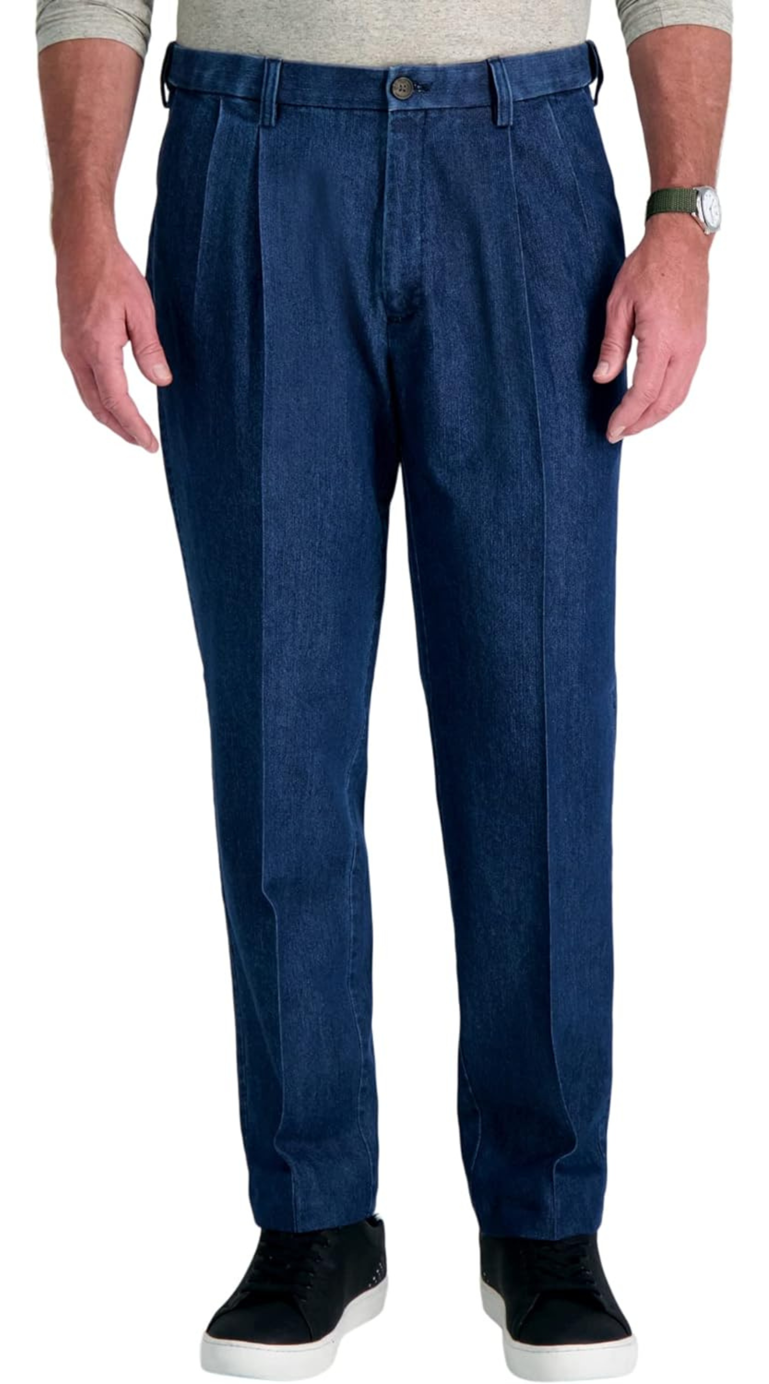 سروال جينز رجالي كبير وطويل بحزام خصر قابل للتوسيع بطيات أمامية من هاغر