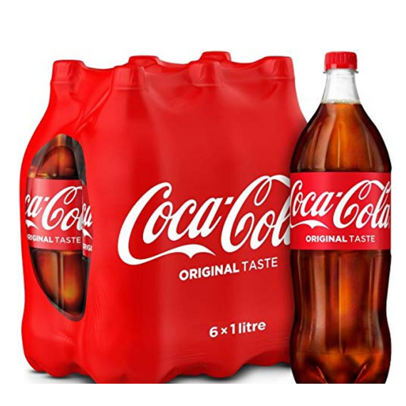 Coca Cola Regular Carbonated Soft Drink, Plastic Bottles, 6 x 1 Ltr, Red