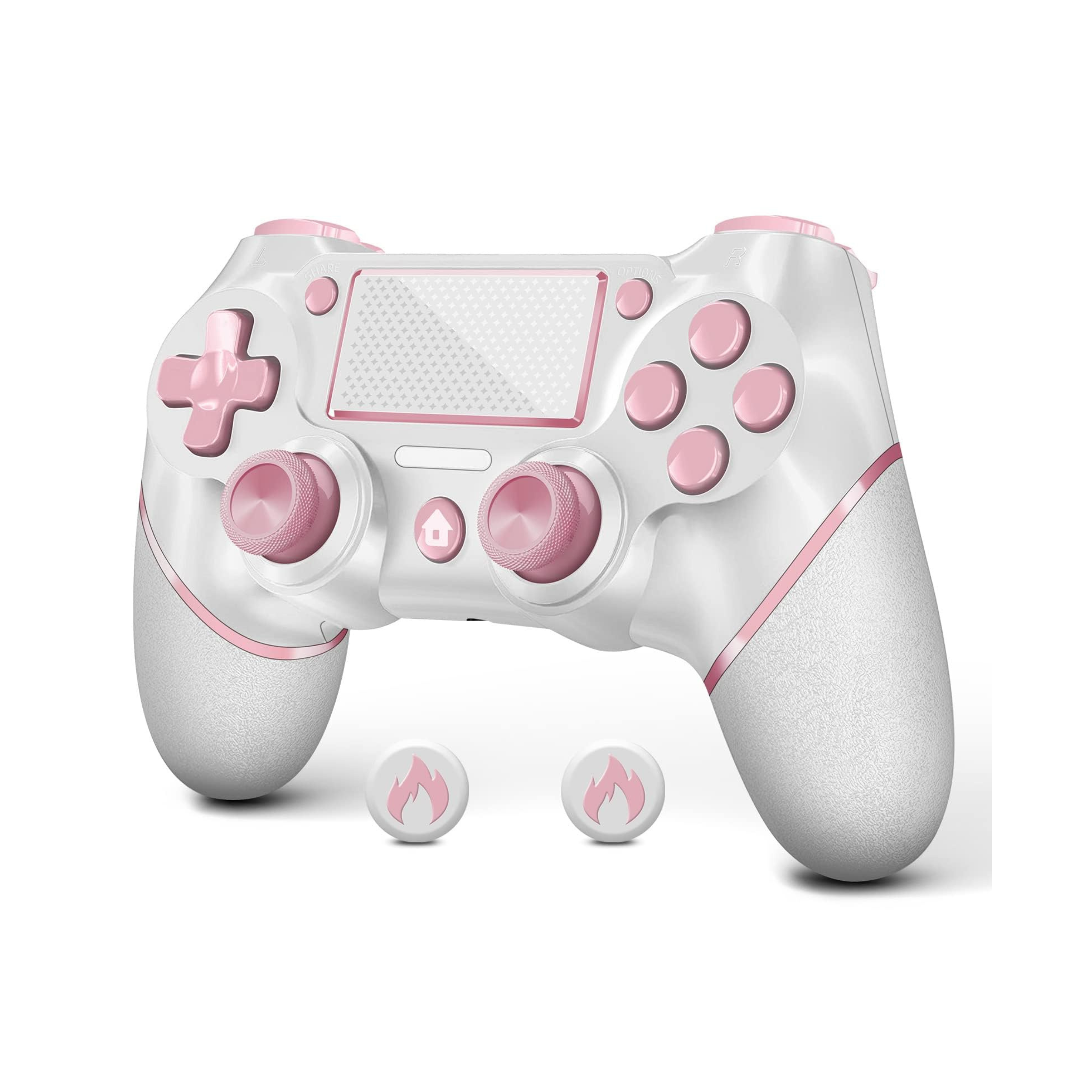 AceGamer Wireless Controller for PS4, Custom Design V2 Gamepad Joystick for PS4 with Non-Slip Grip of Both Sides and 3.5mm Audio Jack! Thumb Caps Included! (Pink-White)