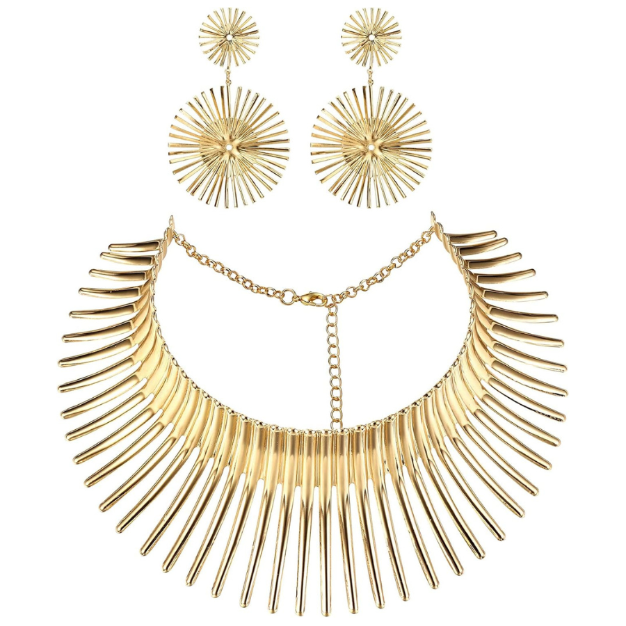 African Collar Choker Necklace Earrings Set, Jewelry Set for Women, Gold Statement Tooth Shape Tribal Costumes Jewelry for Costume Party, Wedding