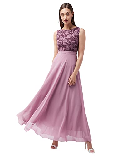 Miss Olive Polyester Fit and Flare Women's Lavender Round Neck Sleeveless Solid Lace Overlaid Maxi Dress