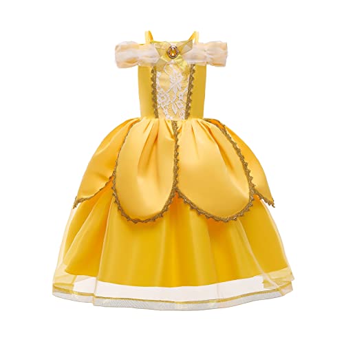 NOVOLAN Girls Princess Dress Children Princess Cosplay Dress Kids Party Attire, 4 Layer Skirt Yellow Short-Sleeved Long Dress, Costumes for Girls Castle Princess Style, Height 90cm-160cm