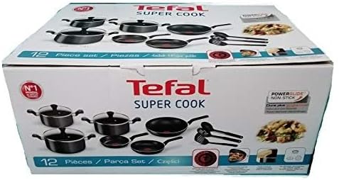 Tefal Cookware Set of 12 Pieces - Non-Stick with Thermo Signal - Black - Super Cook B143SC86 Frypan: 22 & 24 cm Wokpan: 28 cm Stewpots: 22, 24 & 28 cm