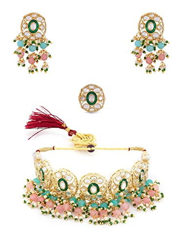 Zaveri Pearls Pink & Green Beads Cluster Drops Kundan Choker Necklace Earring & Ring Set For Women-ZPFK13800