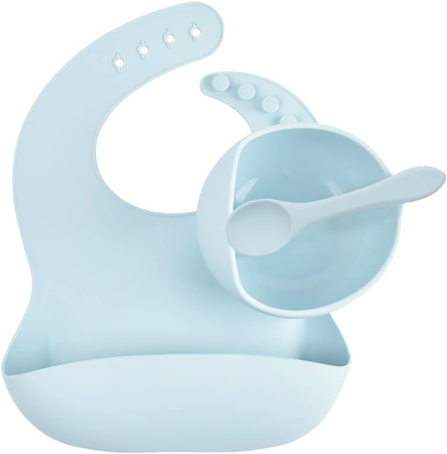 HAOHAO Silicone Adjustable Waterproof Feeding Bowl with Spoon and Bib for Babies & Toddlers (Blue)