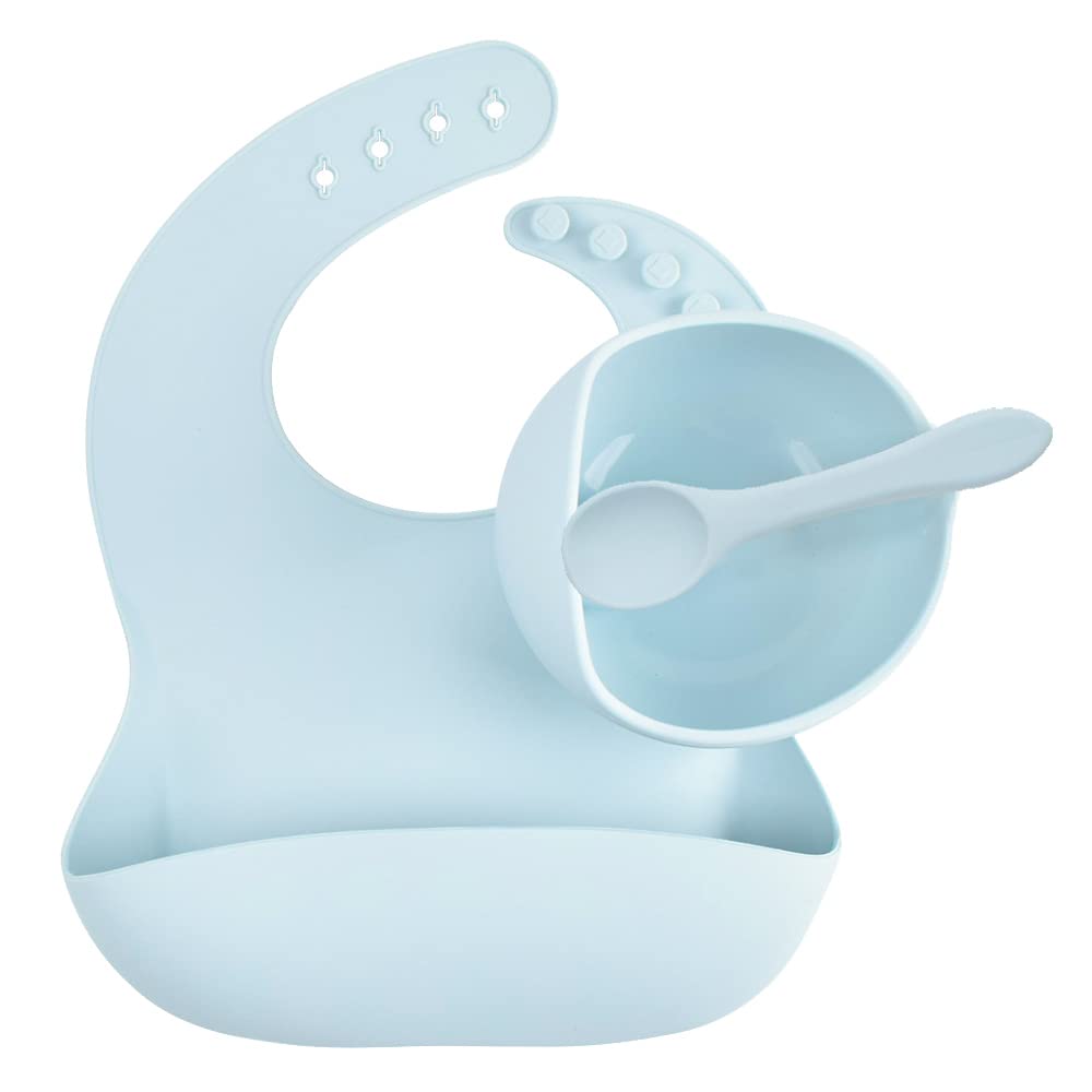 HAOHAO Silicone Adjustable Waterproof Feeding Bowl with Spoon and Bib for Babies & Toddlers (Blue)