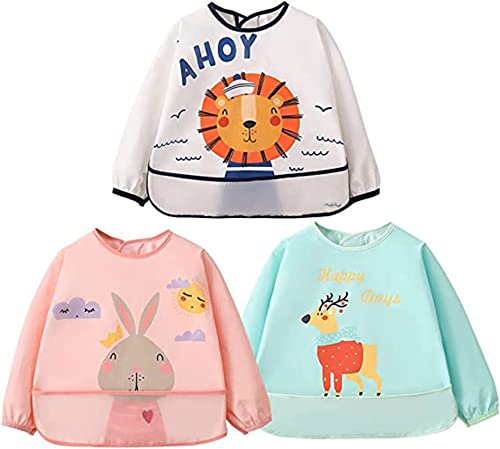 3Pcs Long Sleeve Baby Bibs, Unisex Waterproof Feeding Bibs, Smock Apron Set for 6-24 Months Infant Child Toddler, Pink White Blue, M