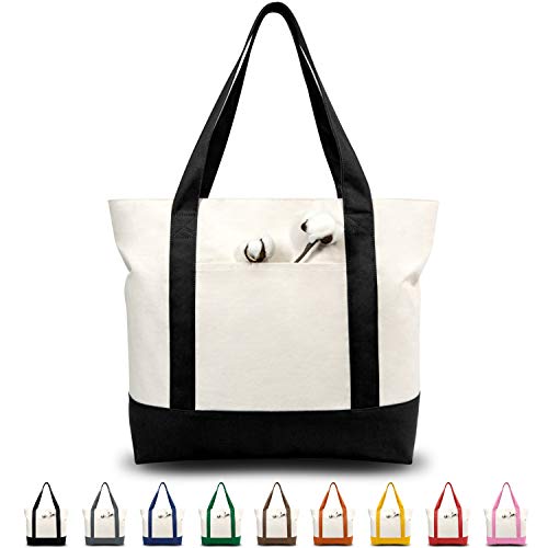 TOP Design 1 | 3 | 6 | 30 Pack Stylish Canvas Tote Bag with an External Pocket, Top Zipper Closure, Daily Essentials (Black/Natural Pack of 1)