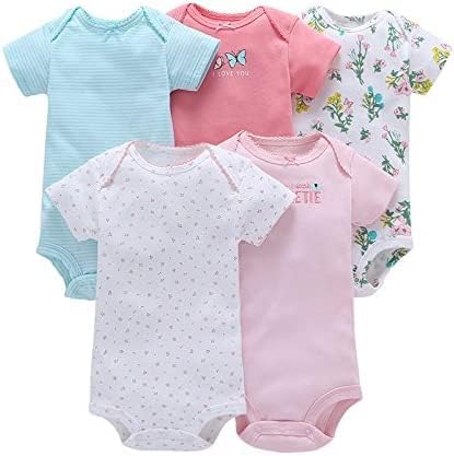 5 Pcs Baby Girls 100% Cotton Newborn Short Shoulder Romper Colorful Assorted Soft Comfortable Easy Clean Hypoallergenic (Cotton)