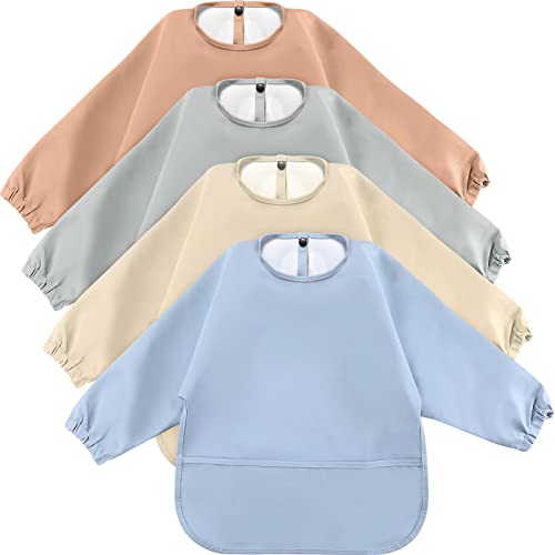 JaGely 4 Pack Long Sleeve Baby Bibs Waterproof Long Sleeved Bib Baby Eating Smock Bib Feeding Shirt Bib with Food Catcher