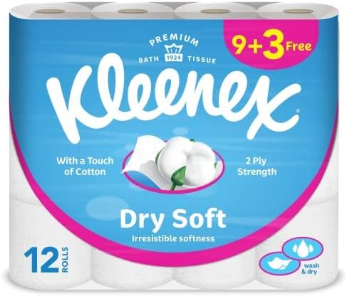 Kleenex Dry Soft Toilet Tissue Paper, 2 Ply, 12 Rolls X 200 Sheets, Embossed Bathroom Tissue With A Touch Of Cotton
