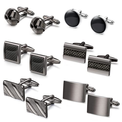 SYOSI 6 Pairs Cufflinks for Men Classic Cuff Links Mens Cufflinks Tuxedo Shirt Cufflinks for Wedding Groom Business Silver Black Cufflinks Set Father's Gift, one size, Alloy Steel, No Gemstone