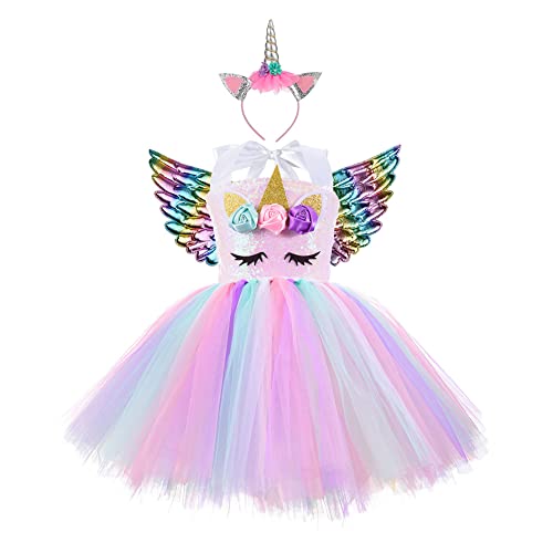 Girls Unicorn Princess Tutu Dress Unicorn Headband Wings Set for Girls Birthday Party, Carnival Unicorn Costume, Unicorn Themed Dress Up Occasions, Dress + Headband + Wings