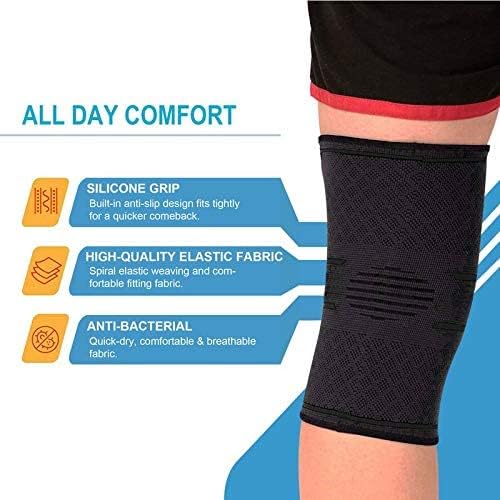 Knee Support, VIPFAN 2 Pack Anti Slip Knee Brace Sleeves Super Elastic Breathable, Black (42-47cm)