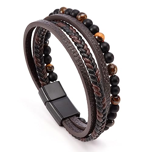 Multi-Layer Leather Bracelet For Men Braided Leather Gift For Men Stress Relief Adjustable Tiger Eye Beaded Bracelet Natural Stones Beads Bracelets For Women Bring Good Luck and Prosperity