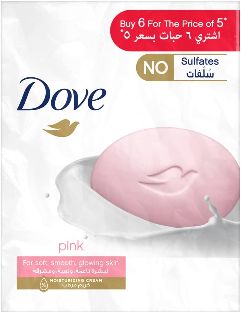 Dove Moisturising Soap Bar Nourishing formula for all skin types, Pink With ¼ moisturising cream, 125G - Pack of 6