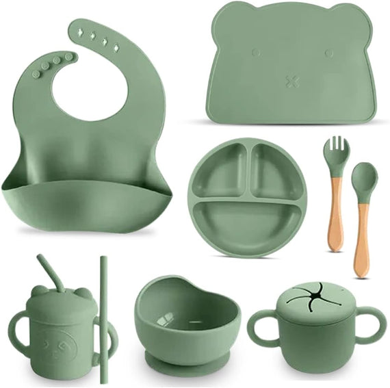 8 Pieces Soft Silicone Feeding Utensils Set with Suction Cup, Multi-Section Plate, Dinnerware and Adjustable Bib