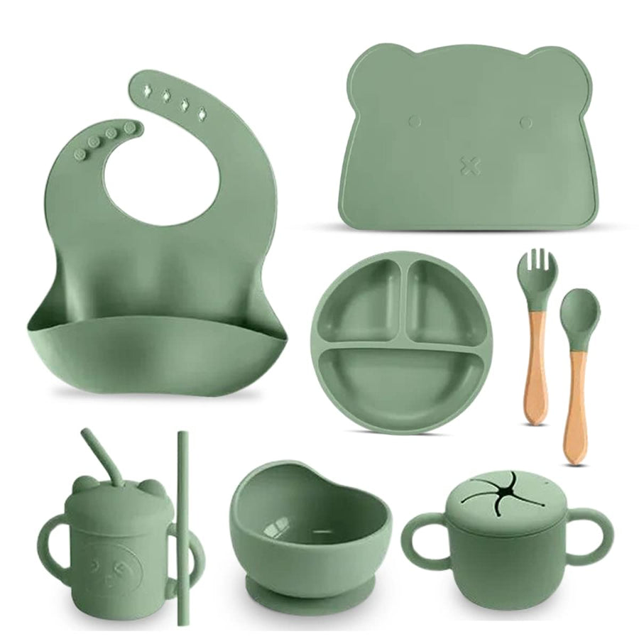 8 Pieces Soft Silicone Feeding Utensils Set with Suction Cup, Multi-Section Plate, Dinnerware and Adjustable Bib