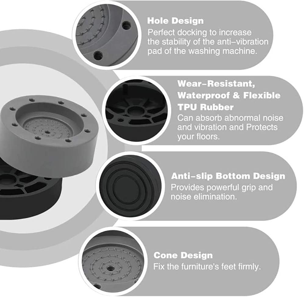 4PCS Washing Machine Rubber Feet Pads | Universal Anti Vibration Washing Machine Mat [Shock Absorber] Anti Slip Noise Cancelling Washing Machine Feet for Dryer, Washing Machine, Dishwasher (Gray)