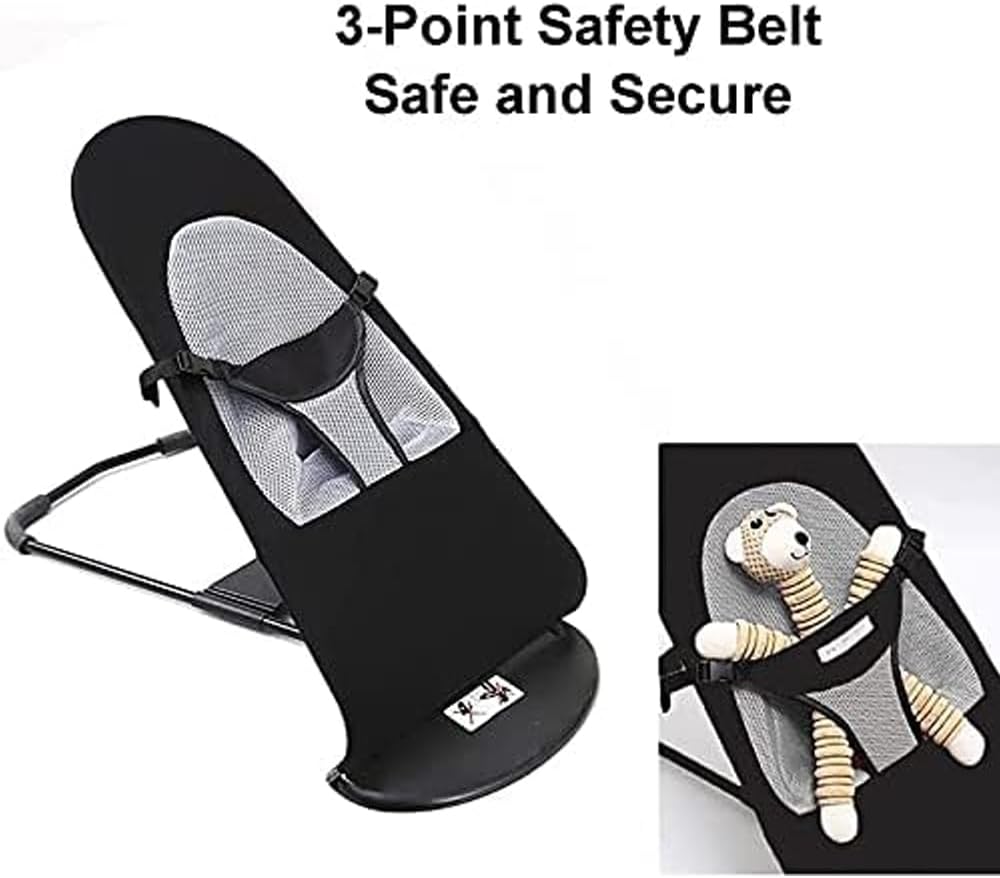 Classic Baby Bouncer – 3 Position Recliner, Soothing Vibrations, and Secure 3 Point Harness - Portable Ideal Babies Infant Soft Mesh Rocker for Hands Free Parenting All Season Comfort 0-6 Months Black