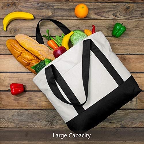 TOP Design 1 | 3 | 6 | 30 Pack Stylish Canvas Tote Bag with an External Pocket, Top Zipper Closure, Daily Essentials (Black/Natural Pack of 1)