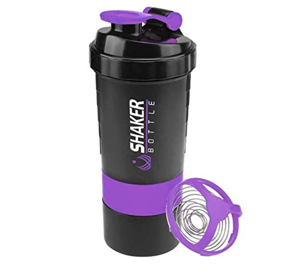 Protein Shaker Bottle - Sports Water Bottle - Non Slip 3 Layer Twist Off 3oz 80 gm Cups with Pill Tray - Leak Proof Shake Bottle Mixer- Protein Powder 16 oz 500 ml Shake Cup with Storage