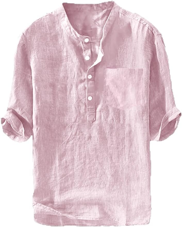 Mens Linen Shirts Casual 3/4 Sleeve Henley Cotton T-Shirt Loose Fit Summer Clothes Lightweight Beach Yoga Tops