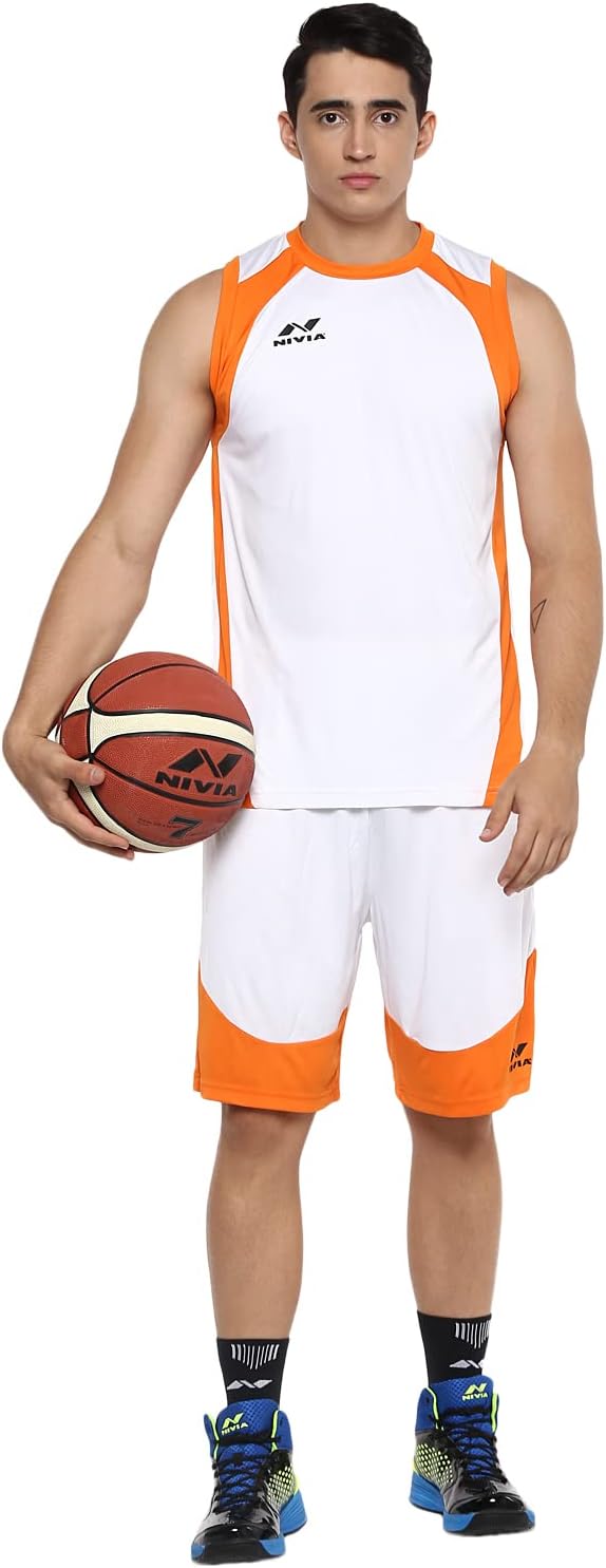 Nivia Phantom Basketball Jersey Set for Men (XS, White/Orange)