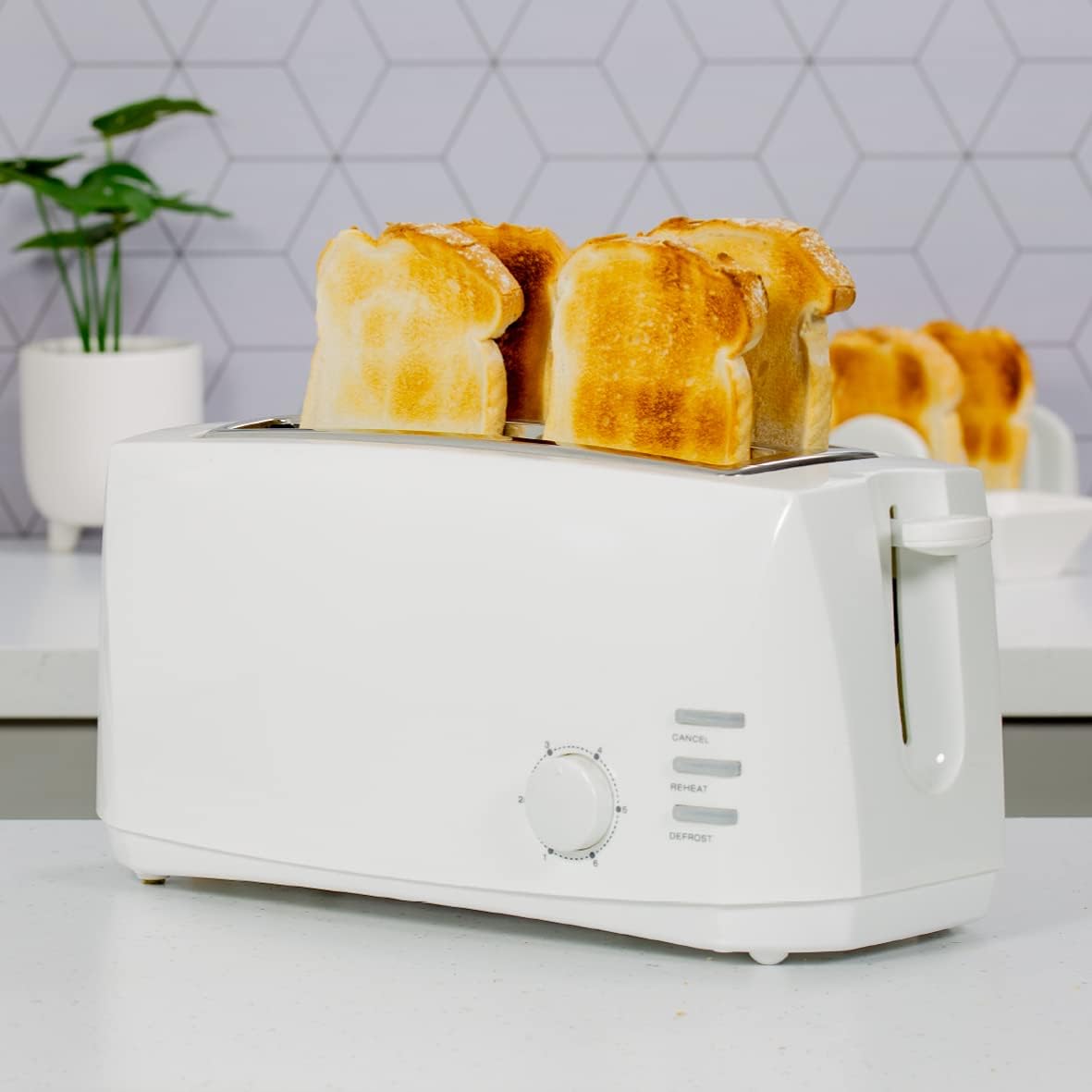 Quest 4 Slice Toaster White - Extra Wide Long Slots for Crumpets and Bagels - 6 Settings - Reheat and Defrost