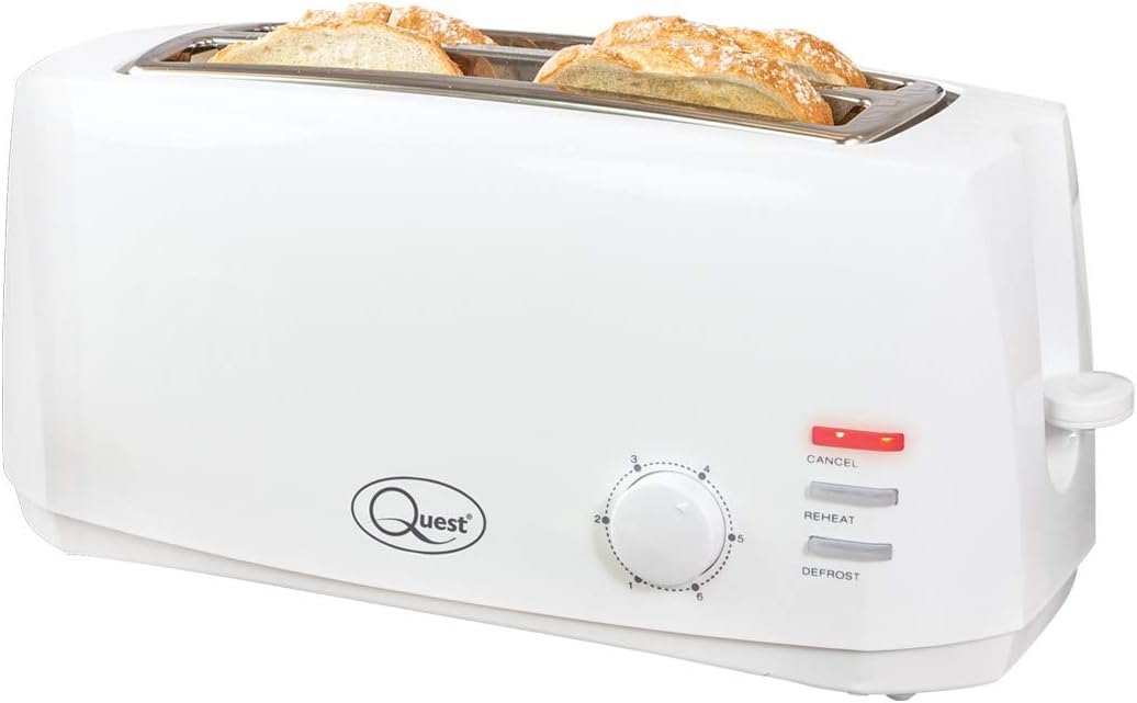 Quest 4 Slice Toaster White - Extra Wide Long Slots for Crumpets and Bagels - 6 Settings - Reheat and Defrost