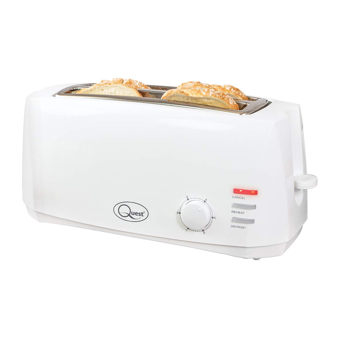 Quest 4 Slice Toaster White - Extra Wide Long Slots for Crumpets and Bagels - 6 Settings - Reheat and Defrost