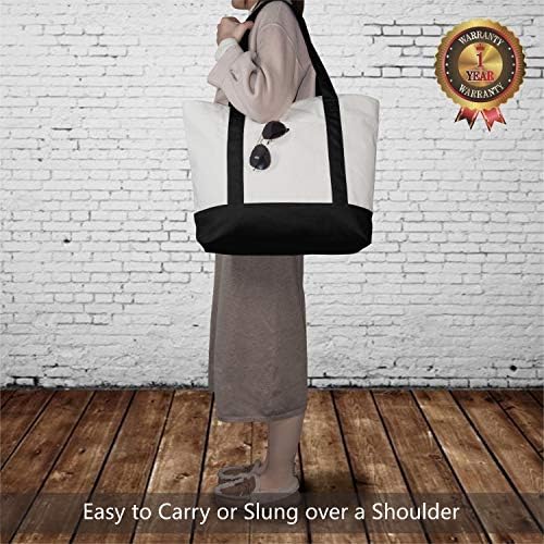TOP Design 1 | 3 | 6 | 30 Pack Stylish Canvas Tote Bag with an External Pocket, Top Zipper Closure, Daily Essentials (Black/Natural Pack of 1)