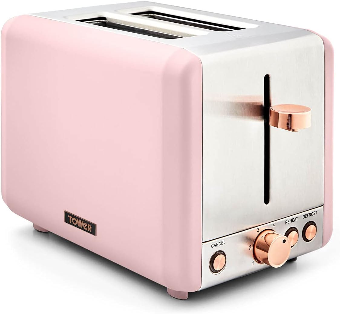 Tower T20036PNK Cavaletto 2-Slice Toaster with Defrost/Reheat, Stainless Steel, 850 W, Marshmallow Pink and Rose Gold