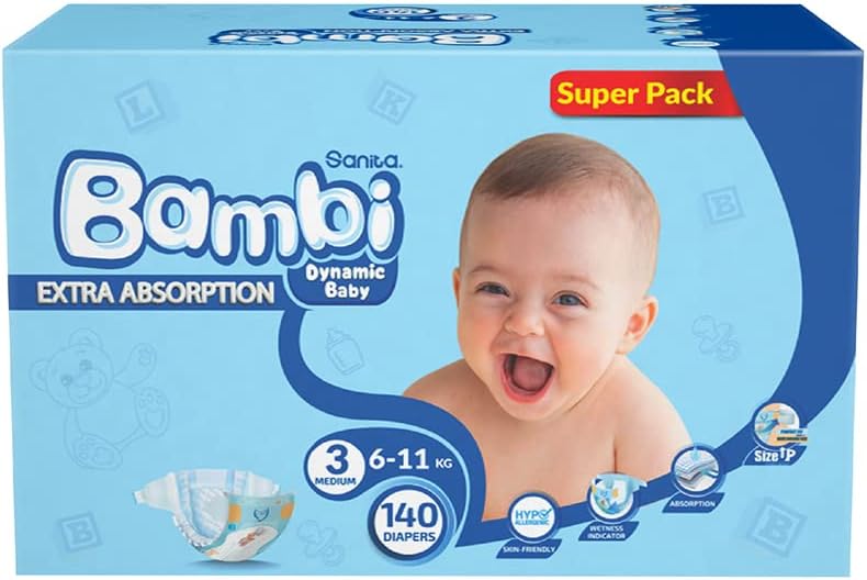 Sanita Bambi, Size 3, Medium, 6-11 Kg, Super Box, 140 Diapers