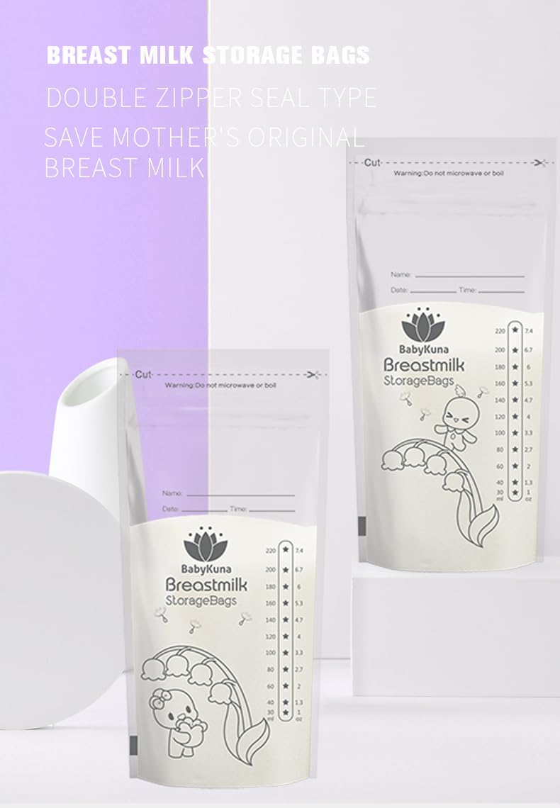 Babykuna Premium Breast Milk Storage Bags - 120-Pack, 220ml, Double Zipper, Self-Standing, Leak-Proof, Pre-Sealed