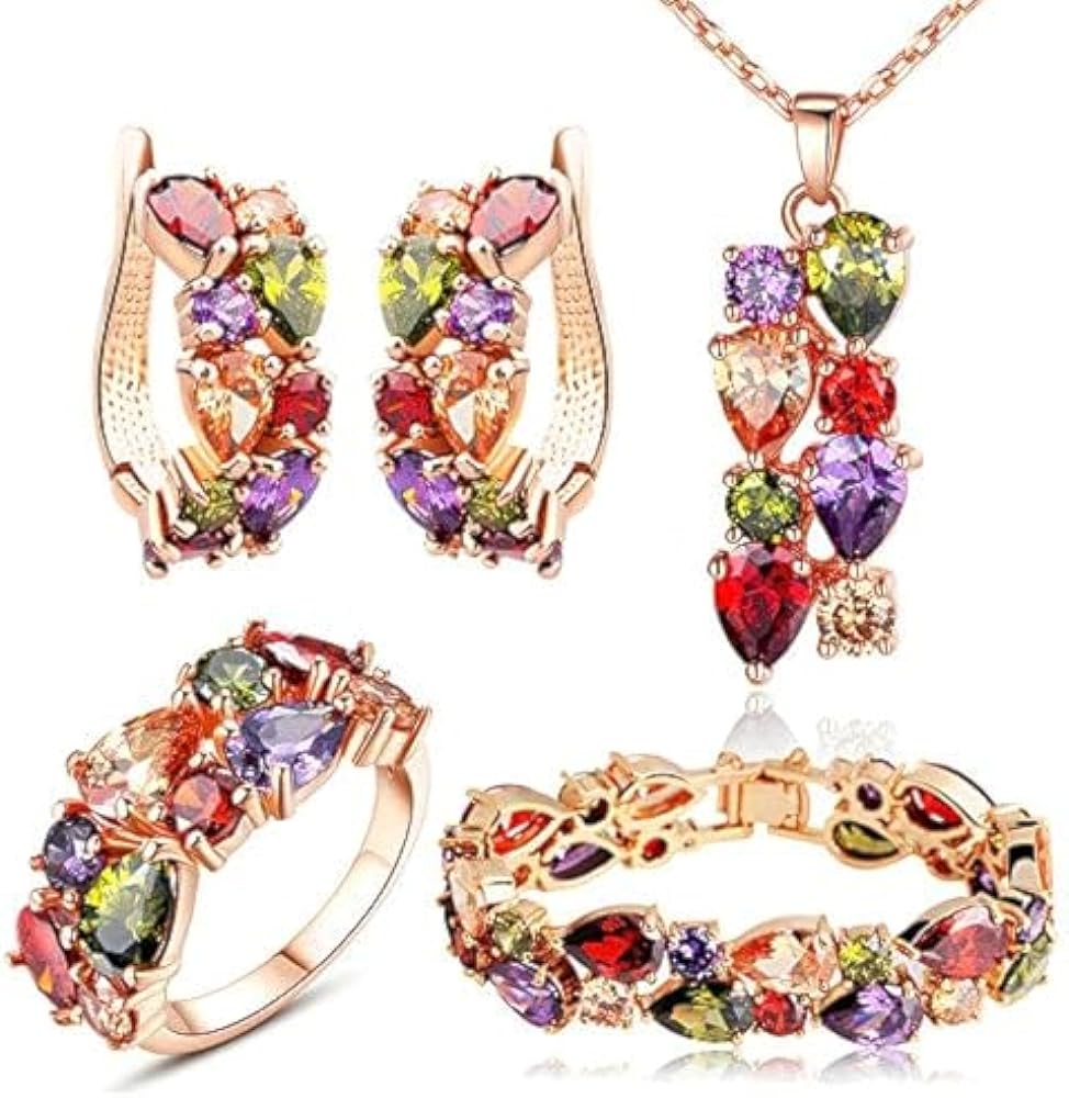 YouBella Jewellery Set Multi-Color AAA Swiss Zircon Rose Gold Crystal Necklace Pendant Ring Bracelet Bangle and Earrings Jewellery Combo for Girls and Women
