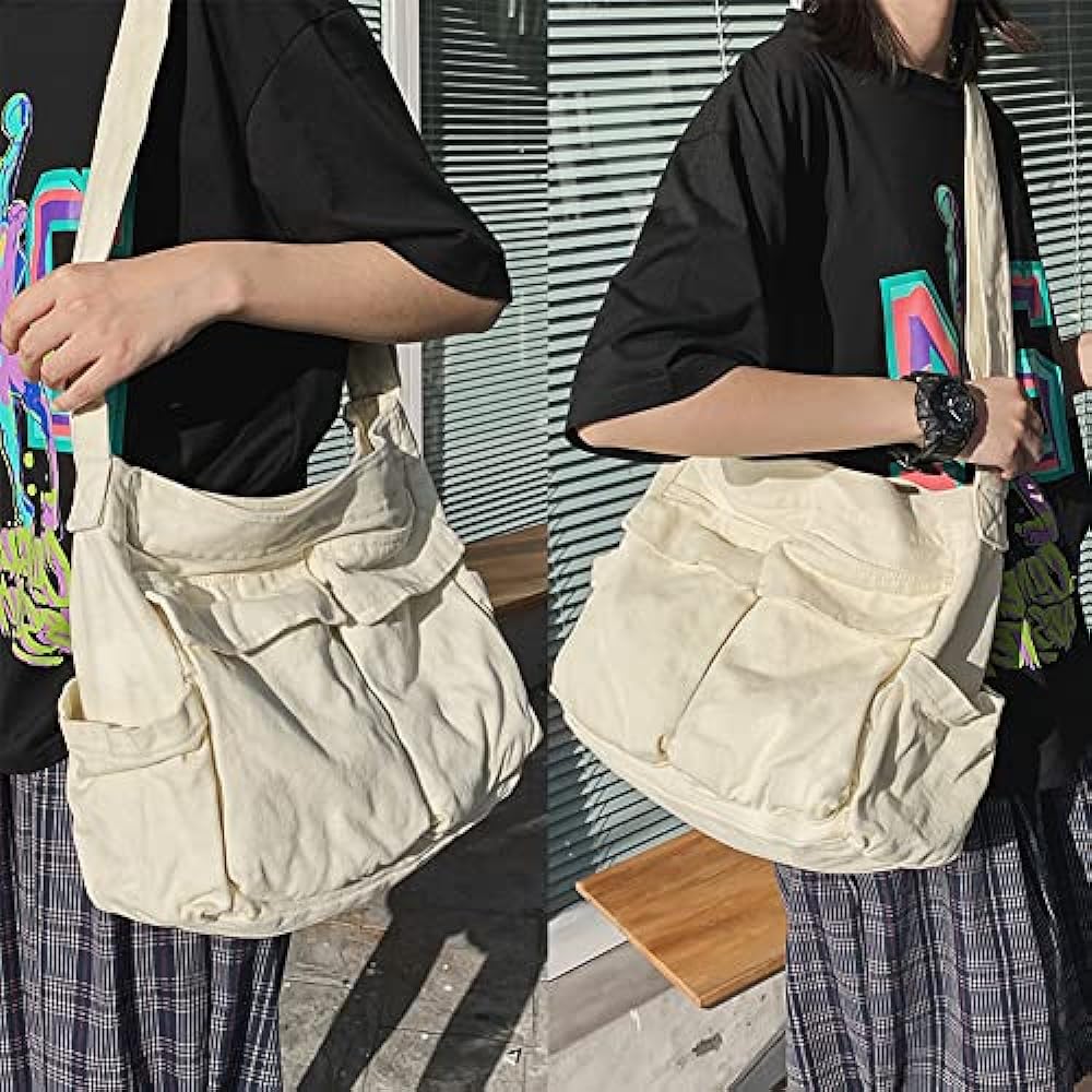 Canvas Messenger Bag Large Hobo Crossbody Bag with Multiple Pockets Canvas Shoulder Tote Bag for Women and Men