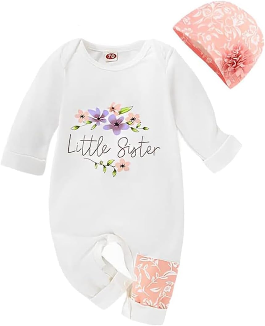 Baby Girl Clothes, Newborn Baby Girl Little Sister Onesie Romper Bodysuit with Floral Hat, Adorable Infant Floral Overall Sleepsuit, Fits 6-9 Months, Cute Baby Outfit Set
