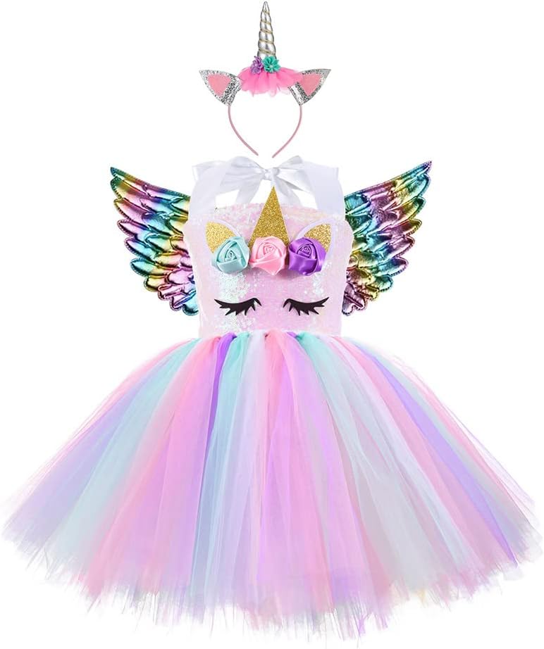 Girls Unicorn Princess Tutu Dress Unicorn Headband Wings Set for Girls Birthday Party, Carnival Unicorn Costume, Unicorn Themed Dress Up Occasions, Dress + Headband + Wings